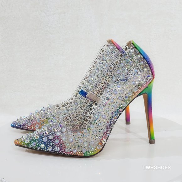 Spicy Stiletto PVC Clear Pumps Rainbow Colorful Studs & Rhinestone Pumps Hi… - Picture 7 of 14